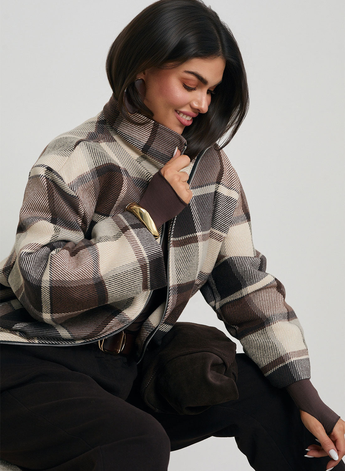Giacca bomber a quadri marrone e beige