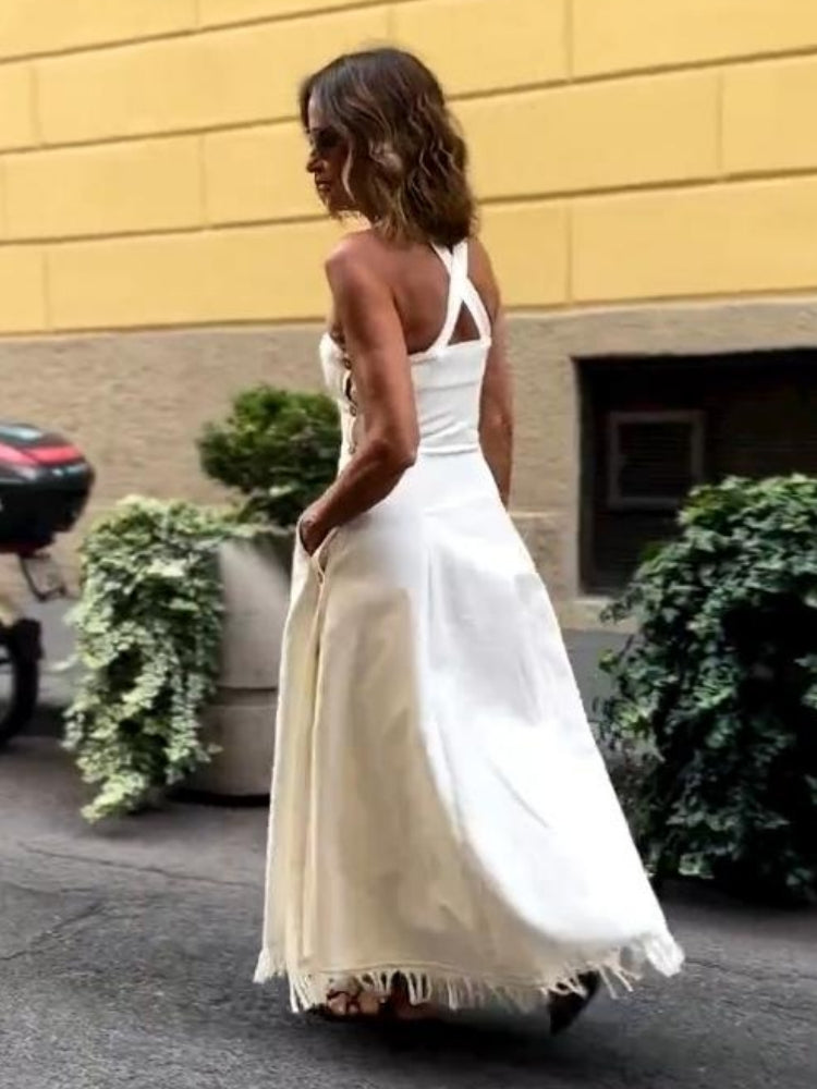 Boho Fringed White Maxi Dress with Pockets