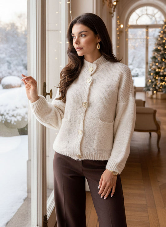 Giacca cardigan beige con bottoni oro