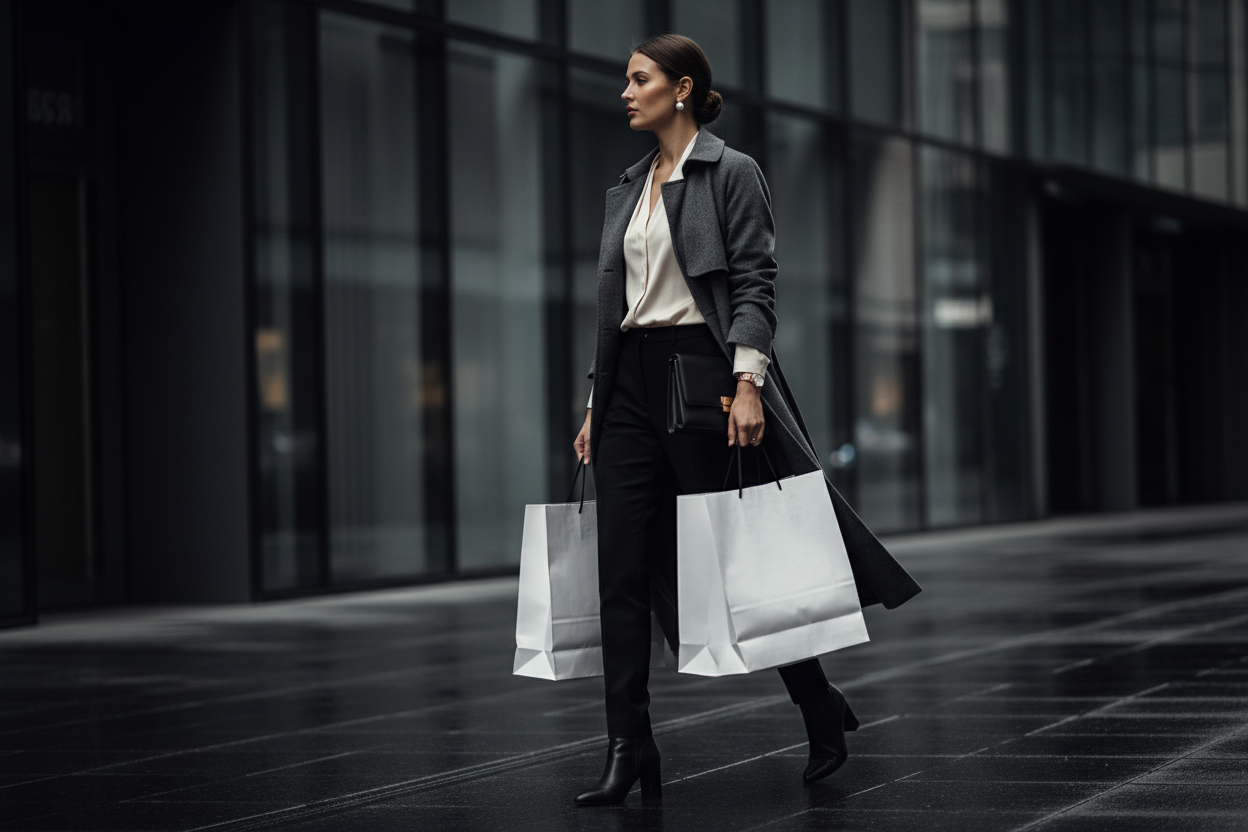 Elegant fashion photography of a sophisticated woman leaving a luxury shopping district, carrying minimalist shopping bags. She is well-dressed in modern, high-end clothing with clean lines, neutral colors, and a timeless style. The scene has a cinematic look with dark, moody tones, deep blacks, charcoal gray, and soft shadows. Subtle lighting highlights her silhouette and facial features, creating a premium and luxurious atmosphere. Background slightly blurred, urban setting, modern architecture. High cont
